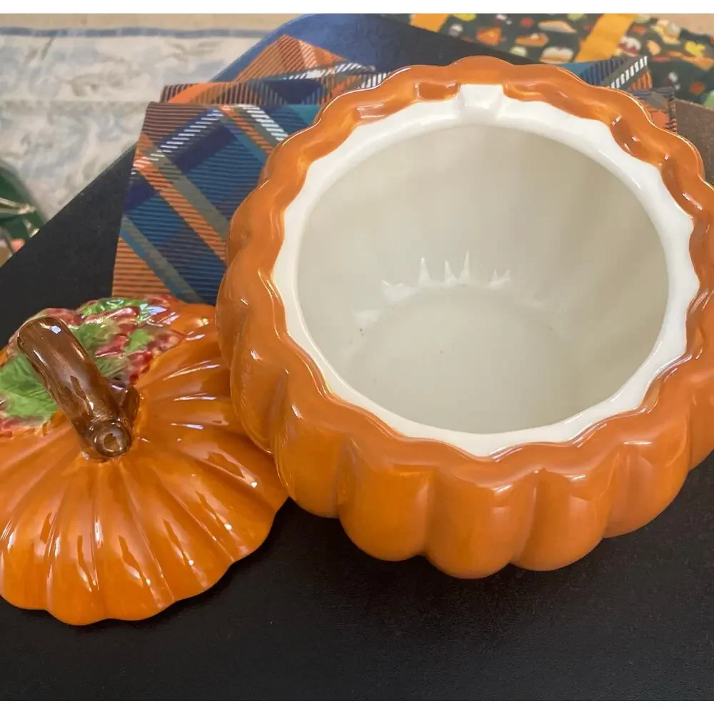 FTD Ceramic Pumpkin Covered Candy Dish Trinket Jar Fall Harvest Halloween Decor